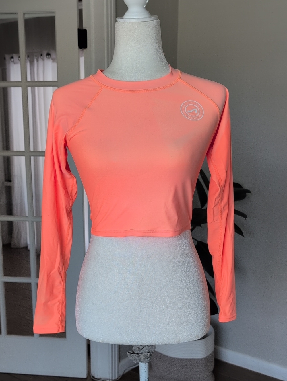 surf style Neon Coral Long-Sleeve Crop Swim Top